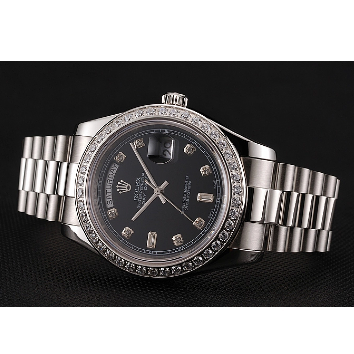 MiroTime 0825 Swiss Rolex Day-Date Black Dial Diamond Case Diamond Numerals Stainless Steel Bracelet 1453966